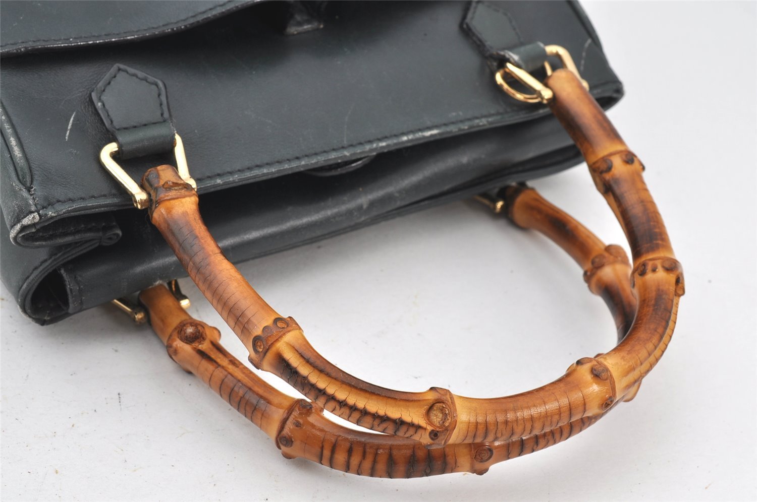Authentic GUCCI Bamboo 2Way Hand Shoulder Bag Purse Leather Green Junk 5484K
