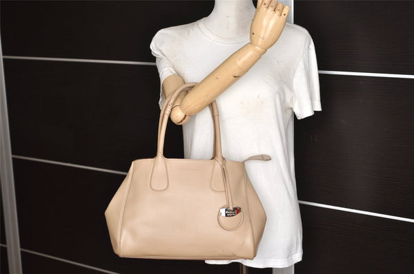 Authentic Salvatore Ferragamo Gancini Leather Shoulder Tote Bag Beige 5492K