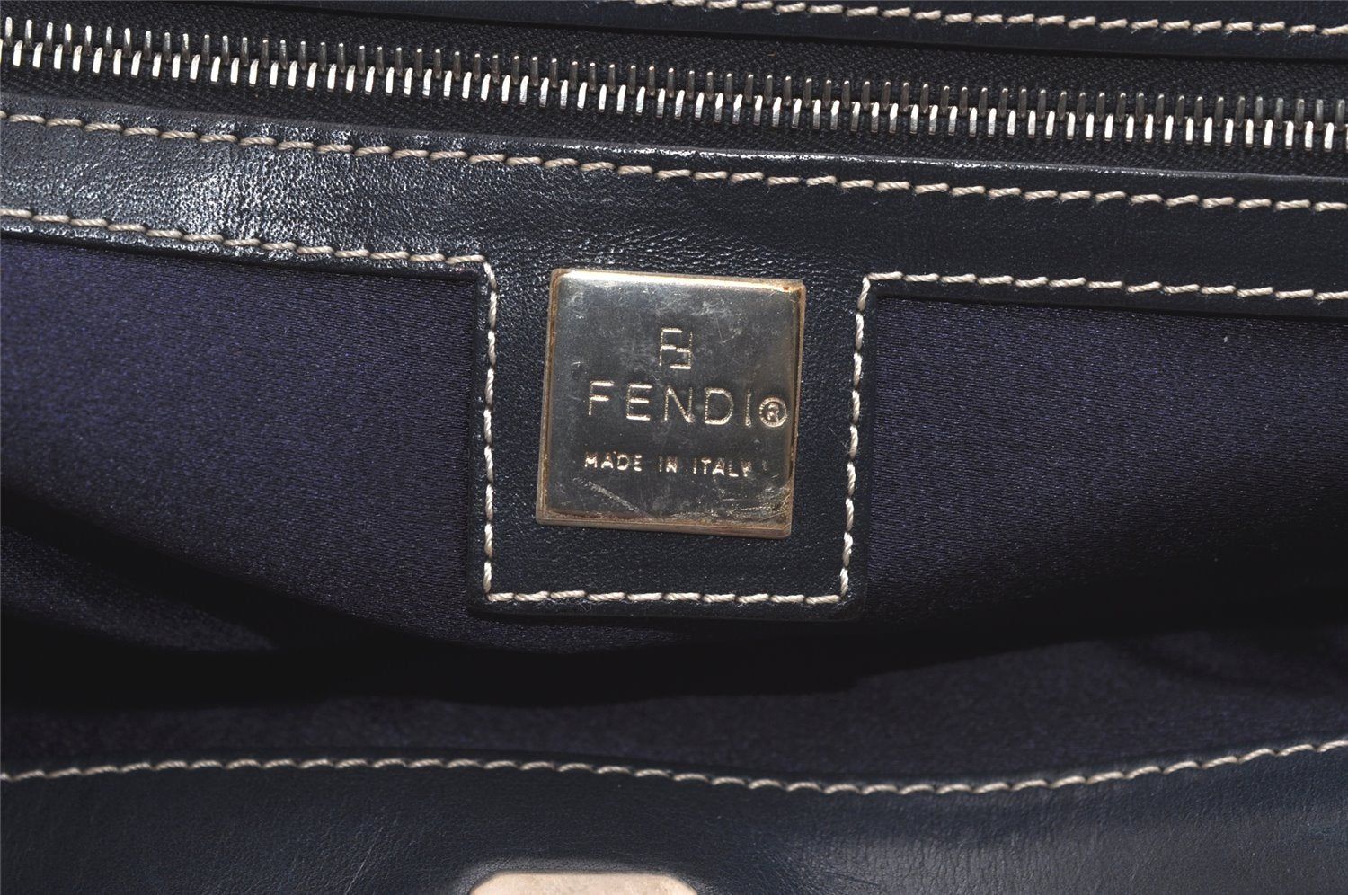 Authentic FENDI Zucchino Shoulder Tote Bag Canvas Leather Navy Blue 5493K