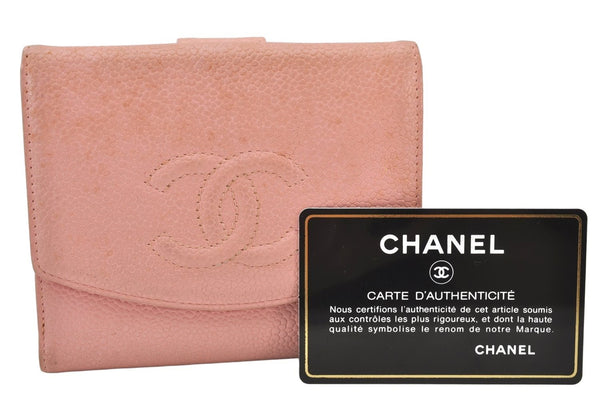 Authentic CHANEL Vintage Caviar Skin CC Logo Bifold Wallet Purse Pink 5513K