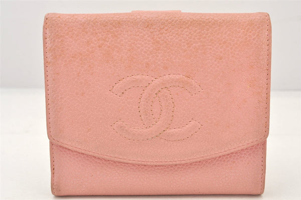 Authentic CHANEL Vintage Caviar Skin CC Logo Bifold Wallet Purse Pink 5513K