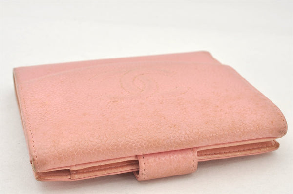 Authentic CHANEL Vintage Caviar Skin CC Logo Bifold Wallet Purse Pink 5513K