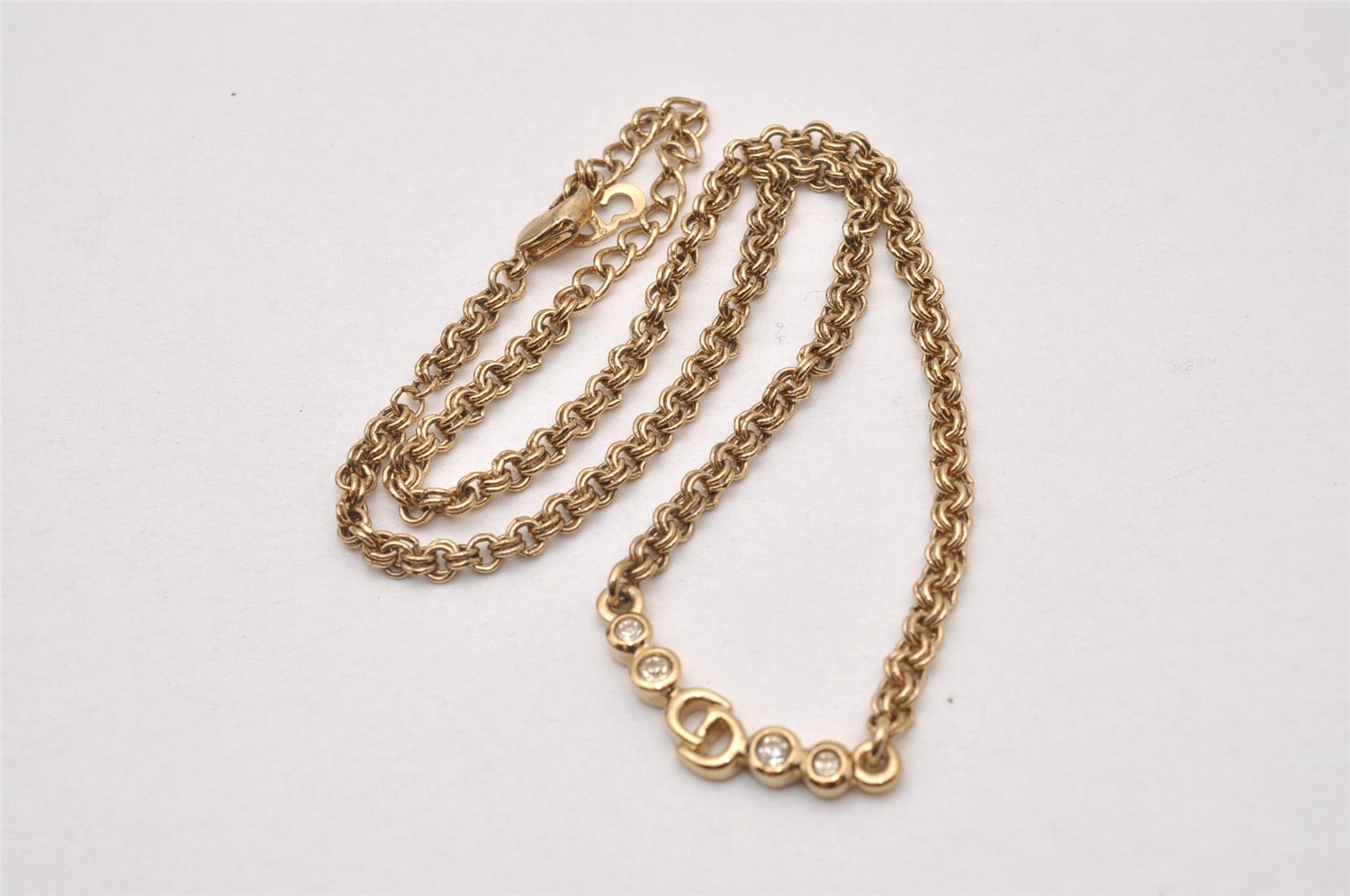 Authentic Christian Dior Gold Tone Rhinestone Chain Pendant Necklace CD 5521I