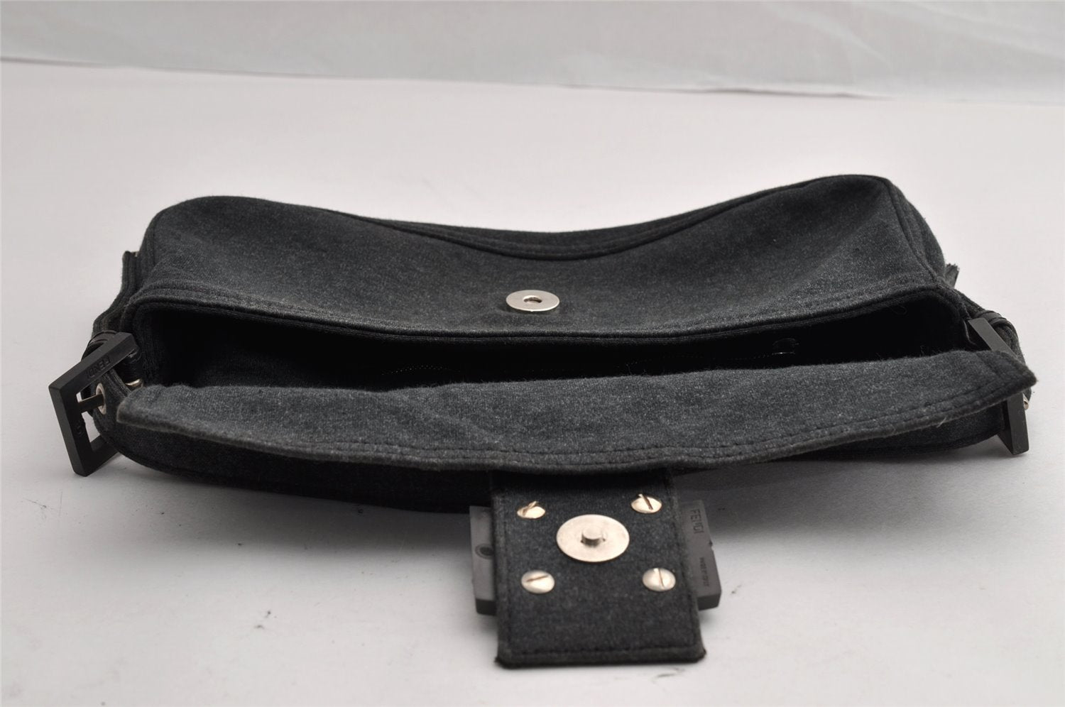 Authentic FENDI Mamma Baguette Shoulder Hand Bag Cotton Leather Gray 5528I