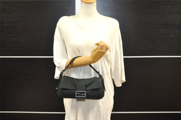 Authentic FENDI Mamma Baguette Shoulder Hand Bag Cotton Leather Gray 5528I