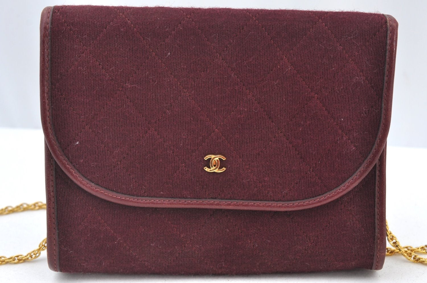 Authentic CHANEL Cotton Matelasse Shoulder Cross Body Bag Bordeaux Junk 5530H