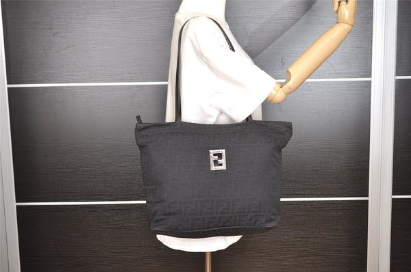 Authentic FENDI Zucca Vintage Tote Shoulder Bag Nylon Leather Black 5534I