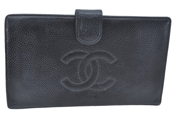 Authentic CHANEL Vintage Caviar Skin CoCo Mark Long Wallet Purse Black CC 5540H