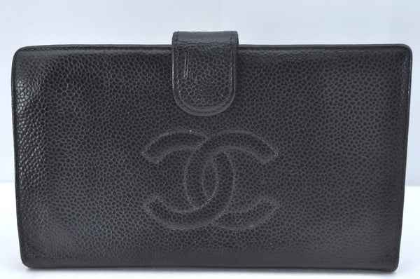 Authentic CHANEL Vintage Caviar Skin CoCo Mark Long Wallet Purse Black CC 5540H