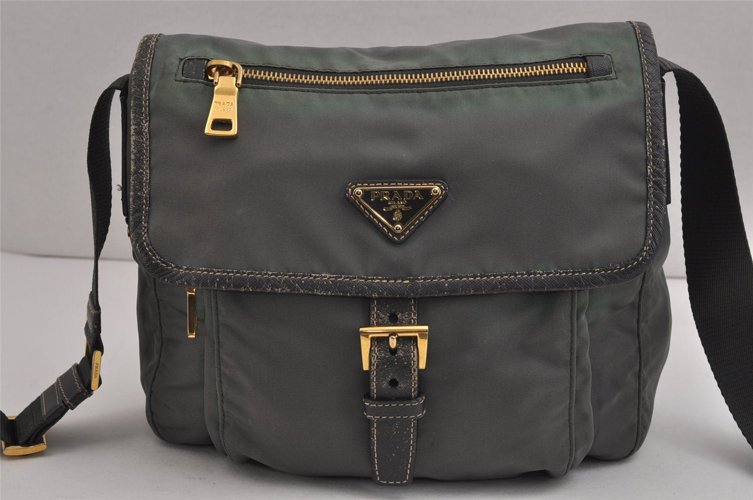 Authentic PRADA Nylon Tessuto Leather Shoulder Cross Body Bag Purse Green 5540J
