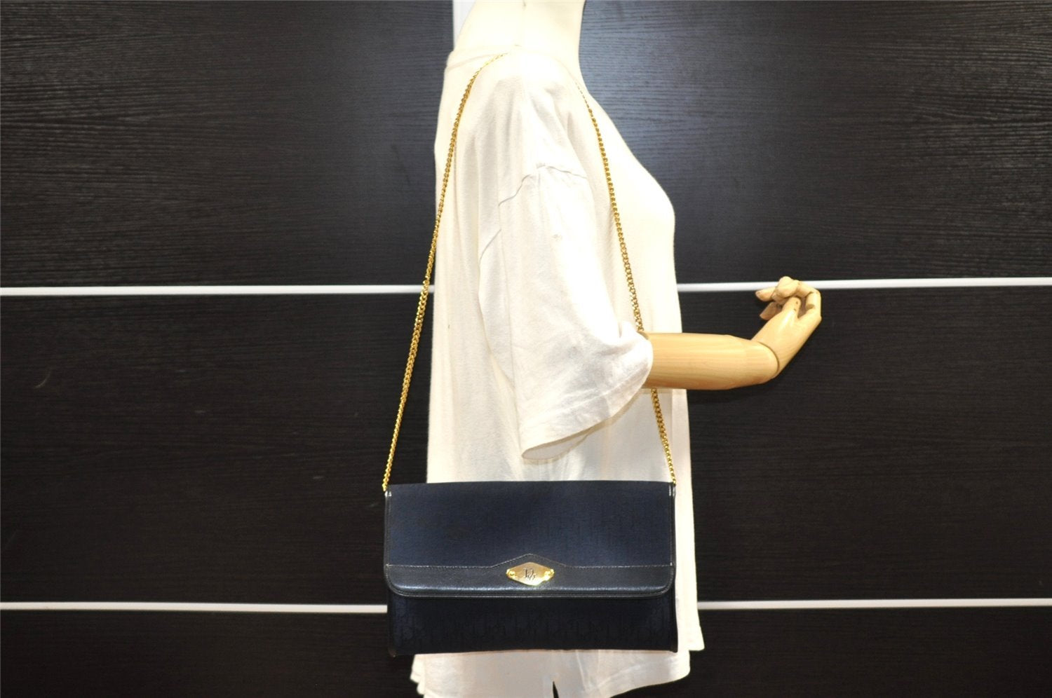 Authentic Christian Dior Trotter Chain Shoulder Bag Canvas Leather Navy CD 5555I