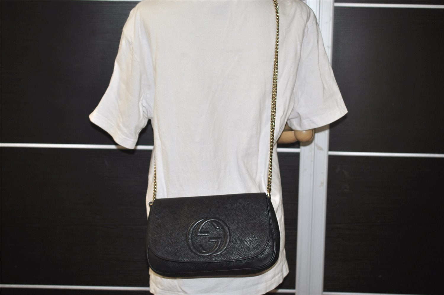 Authentic GUCCI SOHO Chain Shoulder Cross Body Bag Leather 536224 Black 5561I