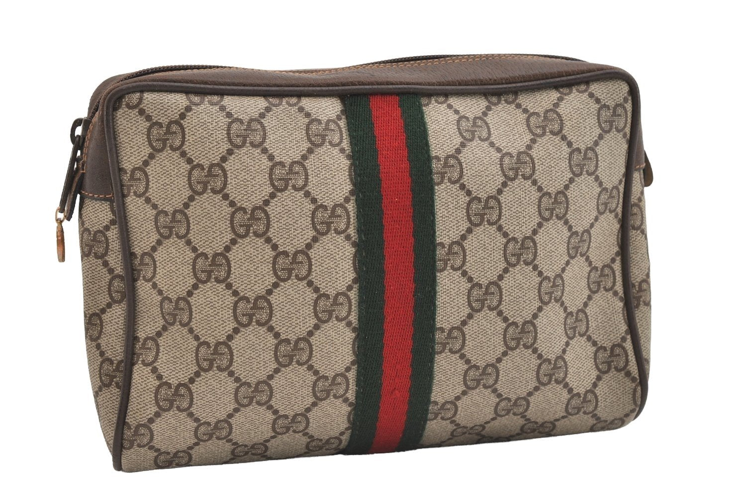 Authentic GUCCI Web Sherry Line Clutch Hand Bag GG PVC Leather Brown Junk 5566J