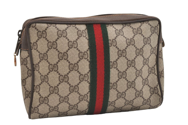 Authentic GUCCI Web Sherry Line Clutch Hand Bag GG PVC Leather Brown Junk 5566J