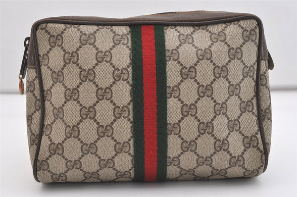 Authentic GUCCI Web Sherry Line Clutch Hand Bag GG PVC Leather Brown Junk 5566J