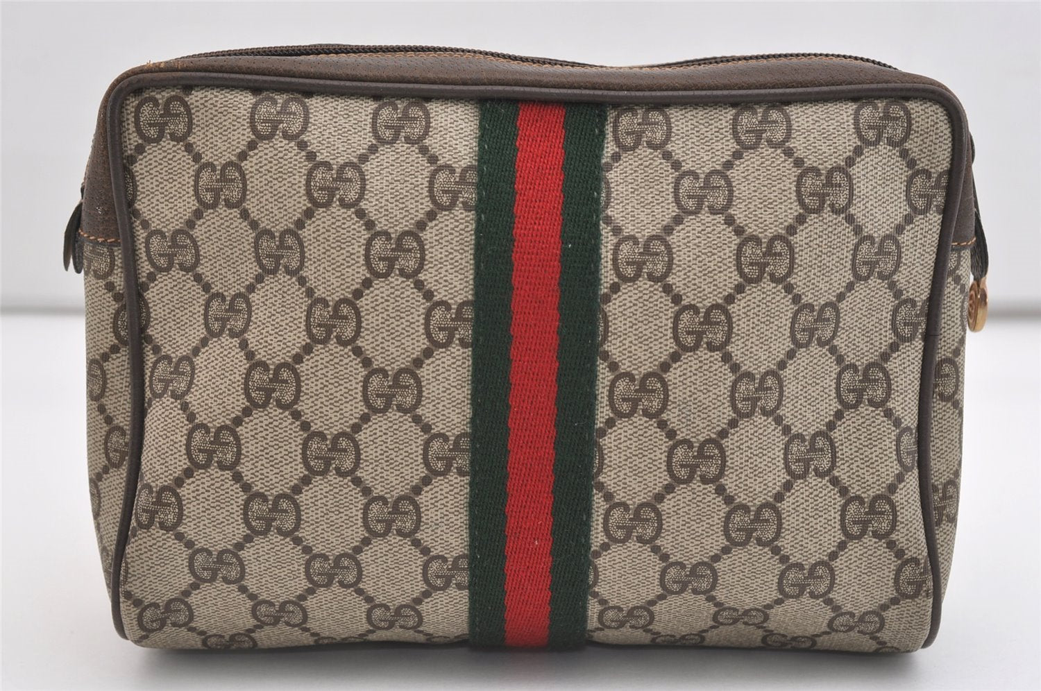 Authentic GUCCI Web Sherry Line Clutch Hand Bag GG PVC Leather Brown Junk 5566J