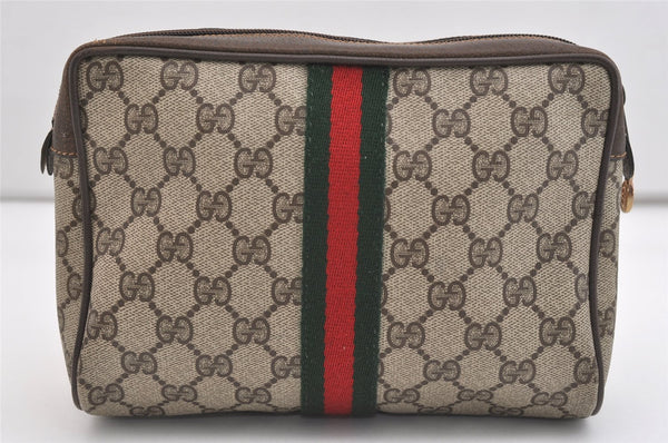 Authentic GUCCI Web Sherry Line Clutch Hand Bag GG PVC Leather Brown Junk 5566J