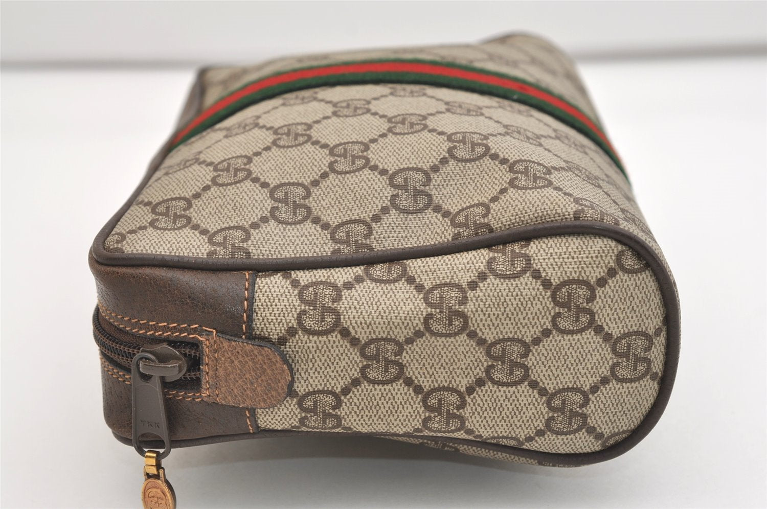 Authentic GUCCI Web Sherry Line Clutch Hand Bag GG PVC Leather Brown Junk 5566J