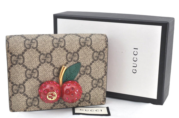 Authentic GUCCI Cherry Wallet Card Case GG PVC Leather 476050 Brown Box 5572H