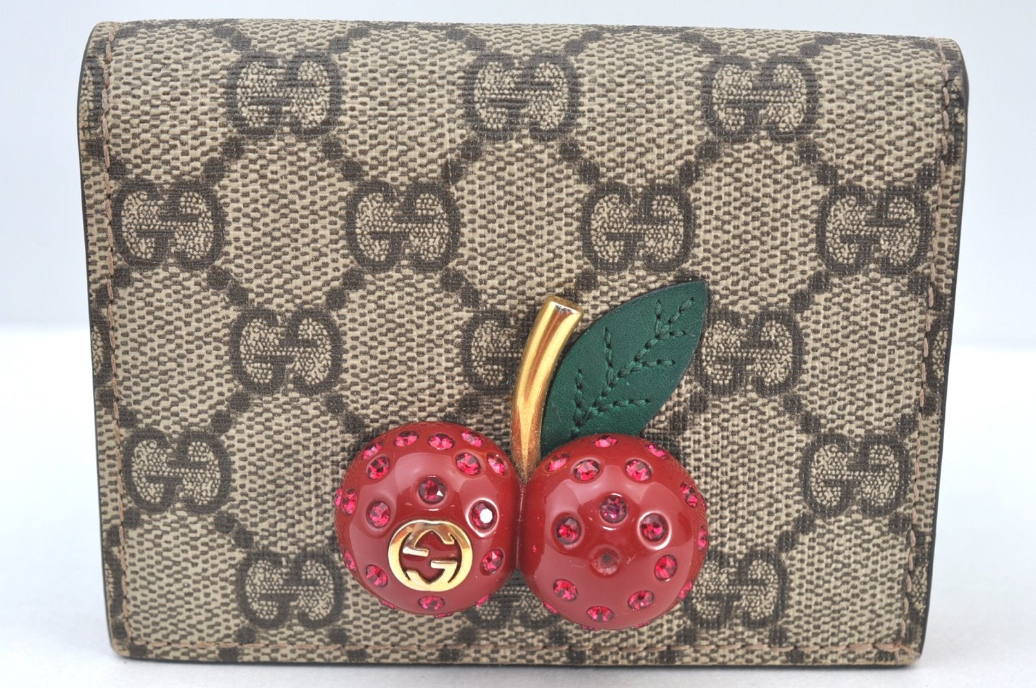 Authentic GUCCI Cherry Wallet Card Case GG PVC Leather 476050 Brown Box 5572H