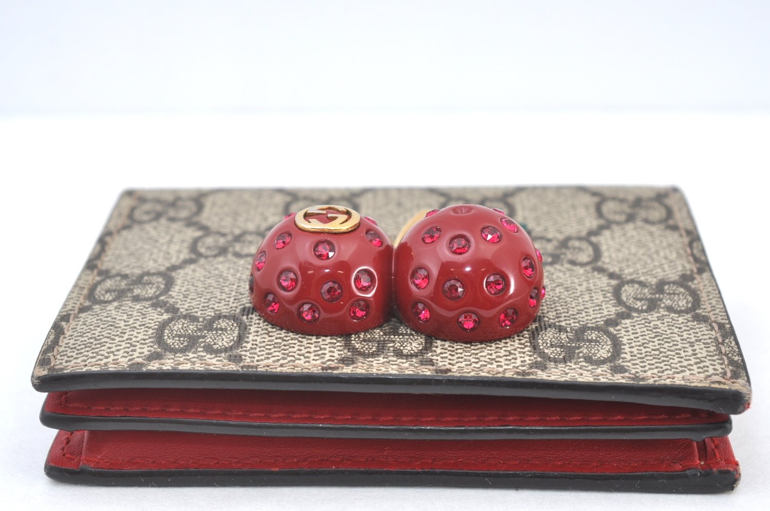 Authentic GUCCI Cherry Wallet Card Case GG PVC Leather 476050 Brown Box 5572H