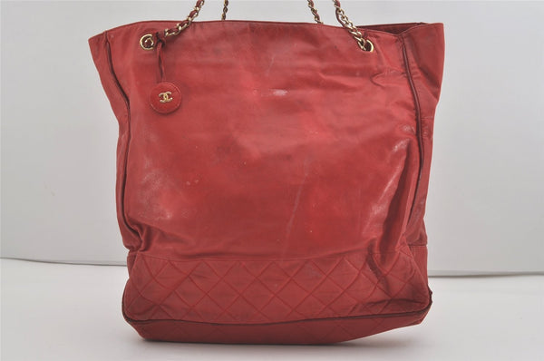 Authentic CHANEL Calf Skin Matelasse Chain Shoulder Tote Bag Red CC 5587I