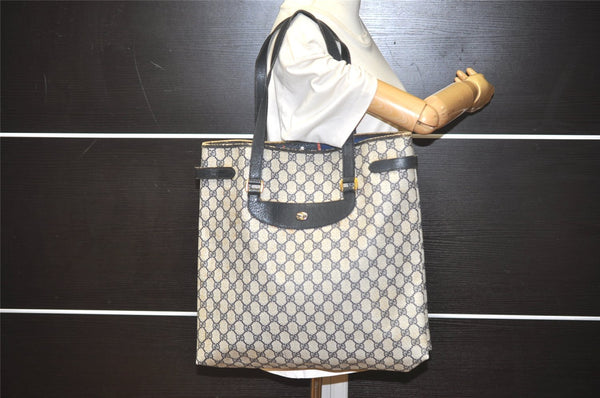 Authentic GUCCI Vintage Shoulder Tote Bag GG PVC Leather Navy Blue 5591I