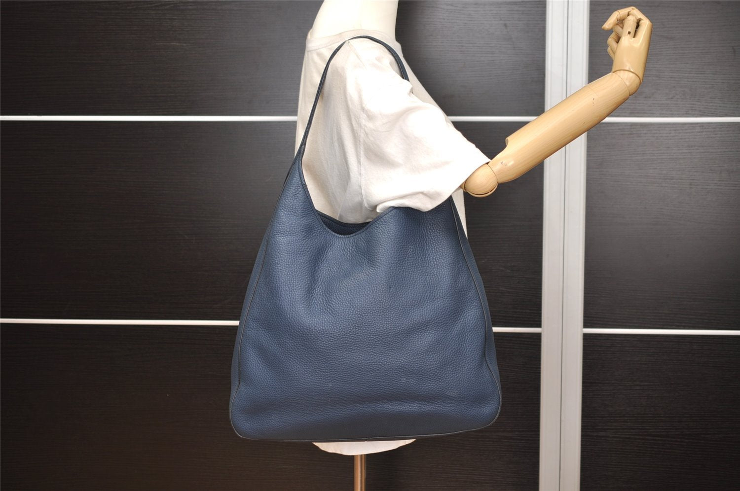 Authentic PRADA Vintage Leather Shoulder Tote Bag Navy Blue 5591J