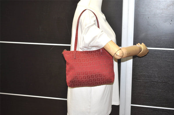 Authentic FENDI Zucchino Shoulder Tote Bag Purse Canvas Leather Red 5599I