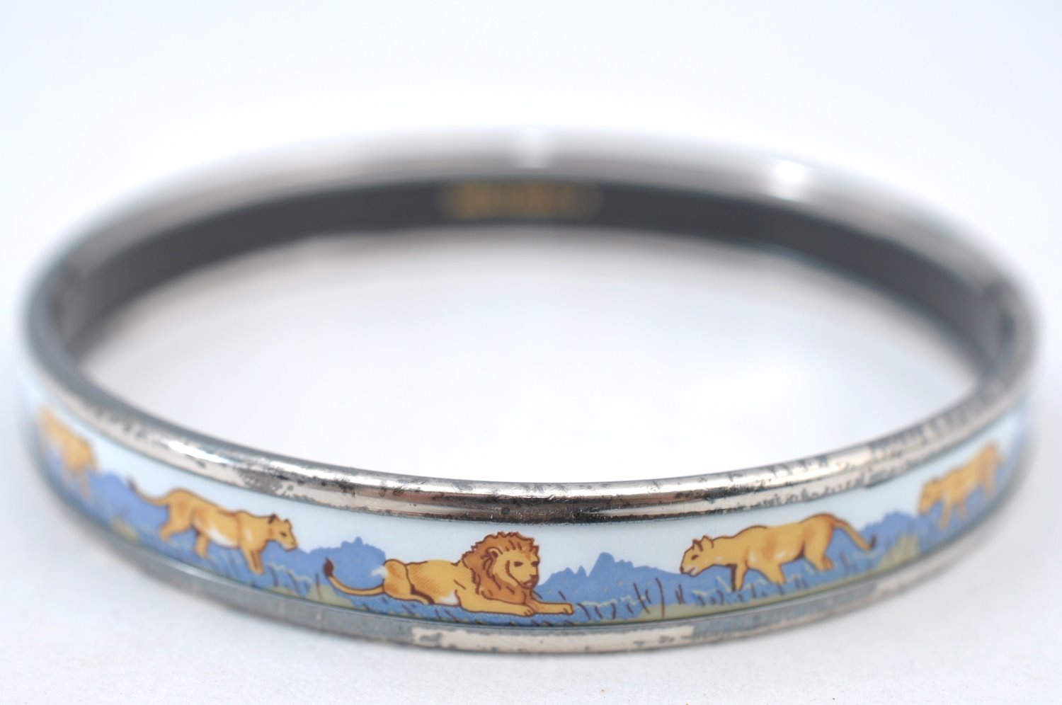 Authentic HERMES Email PM Bangle Lion Motif Silver Blue 5610G