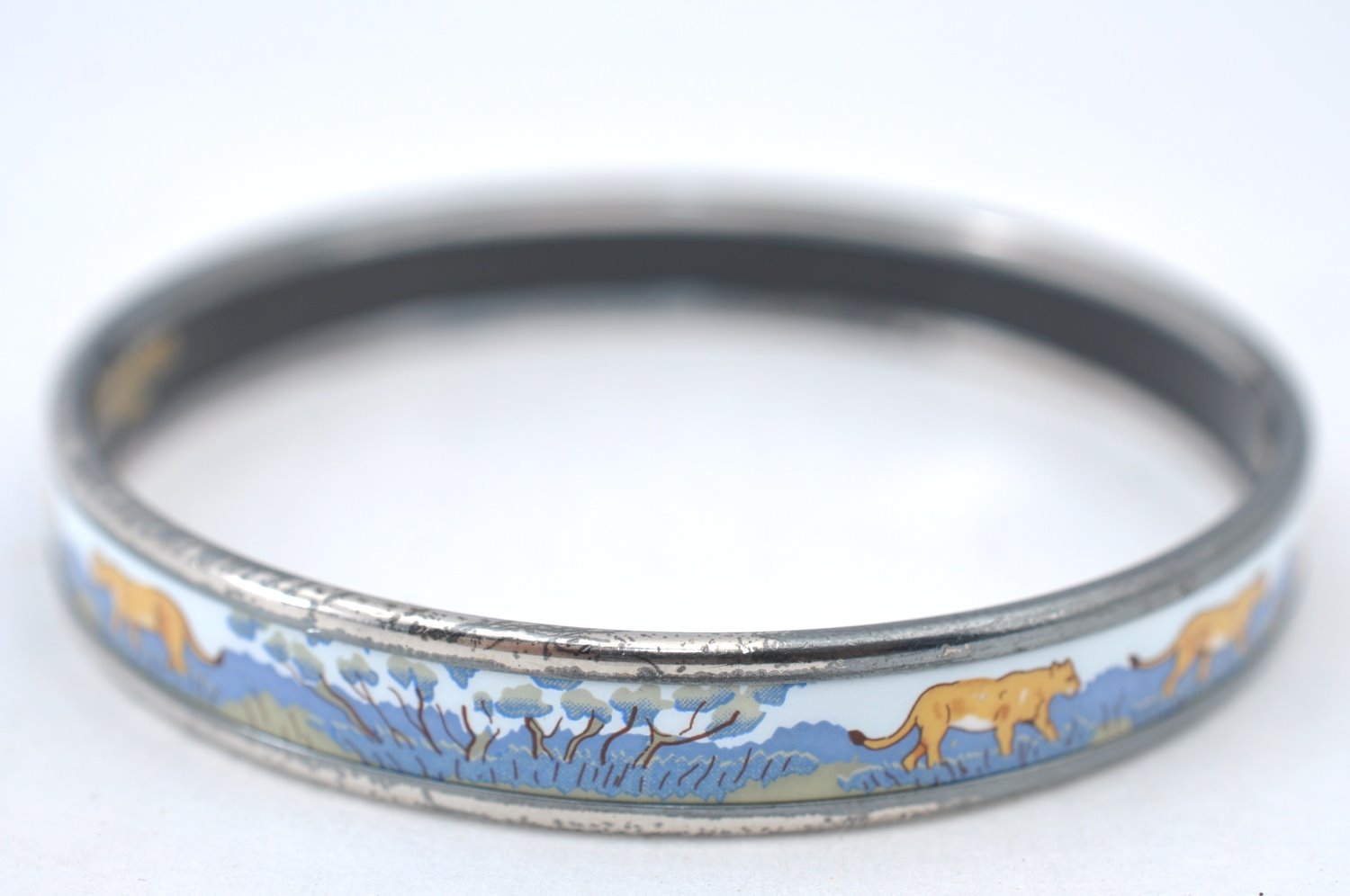 Authentic HERMES Email PM Bangle Lion Motif Silver Blue 5610G