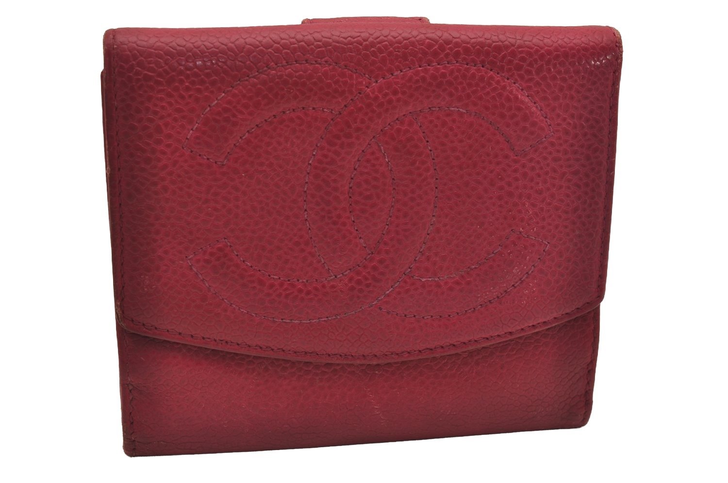 Authentic CHANEL Caviar Skin Vintage CC Logo Bifold Wallet Purse Pink  5613J