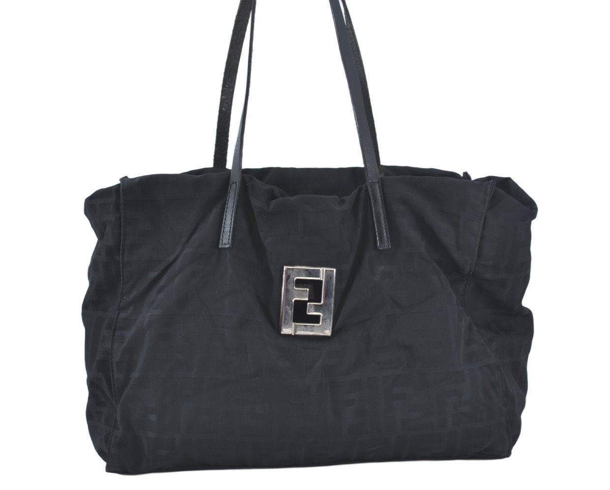 Authentic FENDI Zucca Shoulder Tote Bag Canvas Leather Black 5615K