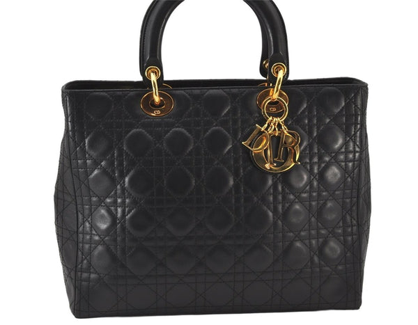 Authentic Christian Dior Lady Dior Lamb Skin Cannage Hand Bag Black CD 5616K