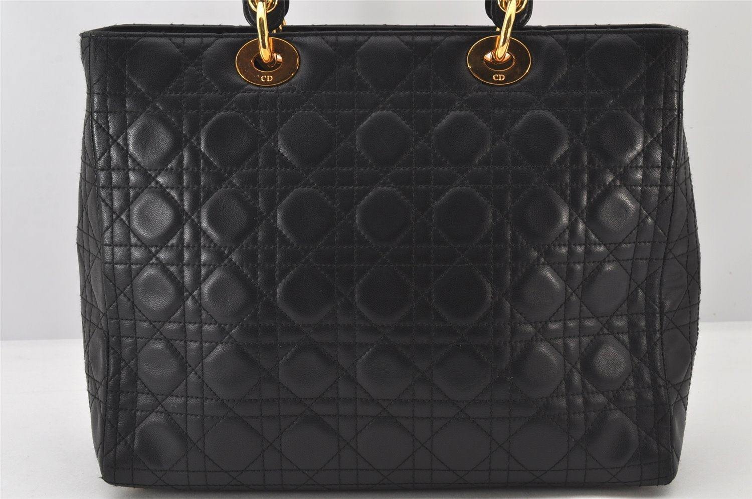 Authentic Christian Dior Lady Dior Lamb Skin Cannage Hand Bag Black CD 5616K