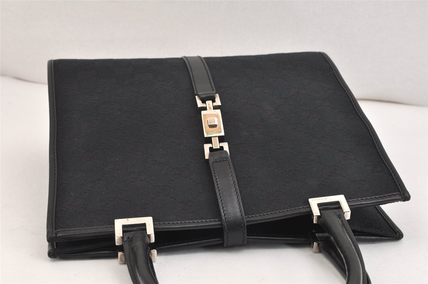 Authentic GUCCI Jackie Hand Tote Bag Purse GG Canvas Leather 0021065 Black 5618K