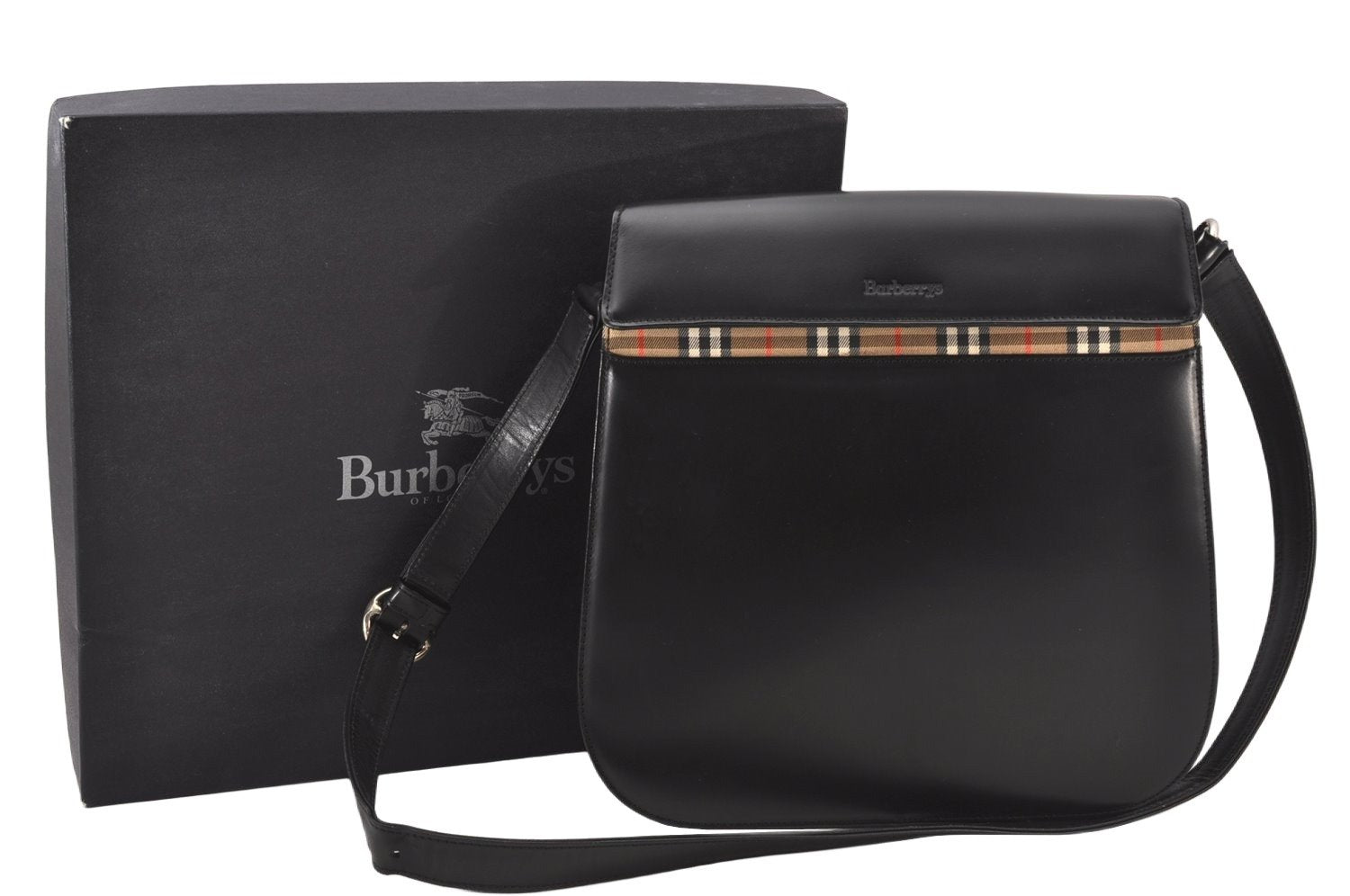 Authentic Burberrys Leather Shoulder Cross Body Bag Purse Black Box 5620K