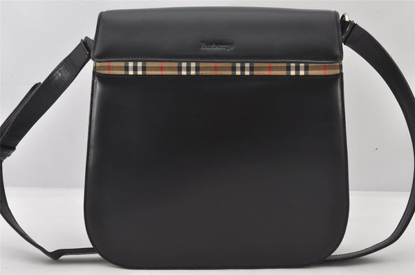 Authentic Burberrys Leather Shoulder Cross Body Bag Purse Black Box 5620K