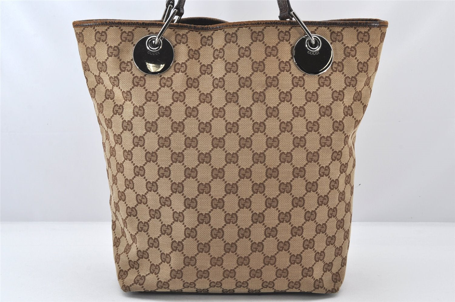 Authentic GUCCI Eclipse Shoulder Tote Bag GG Canvas Leather 120836 Brown 5621K