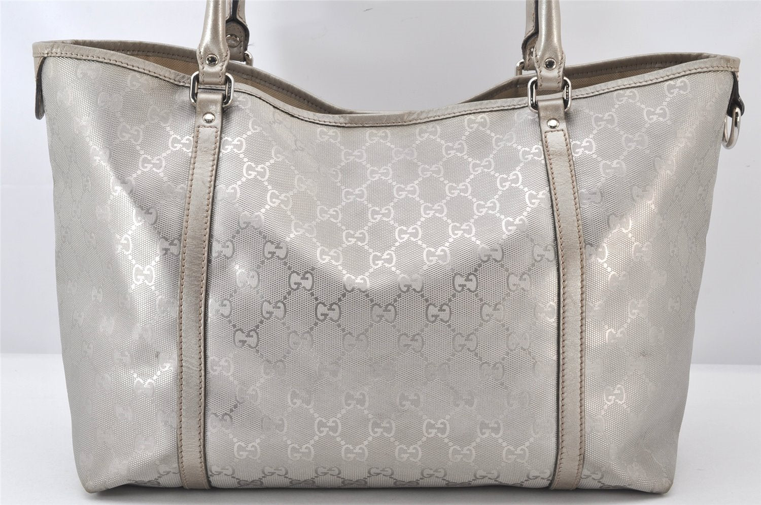 Authentic GUCCI Impreme Shoulder Tote Bag GG PVC Leather 197953 Silver 5622K