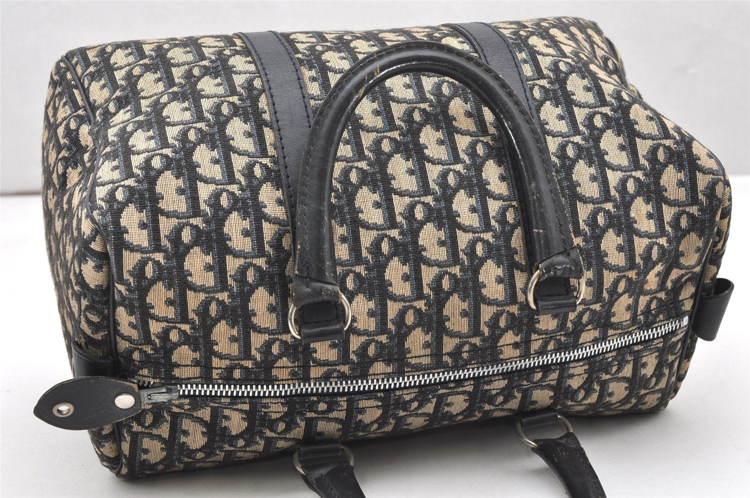 Authentic Christian Dior Trotter Hand Boston Bag Purse Canvas Leather Blue 5626K