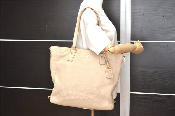 Authentic PRADA Vintage Leather Nappa Shoulder Tote Bag Beige 5630I