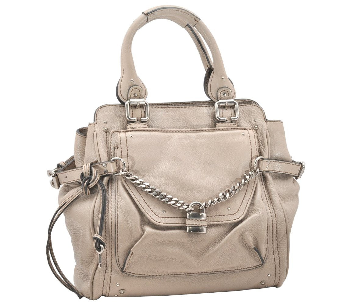 Authentic Chloe Vintage Paddington Leather Shoulder Tote Bag Beige 5630K