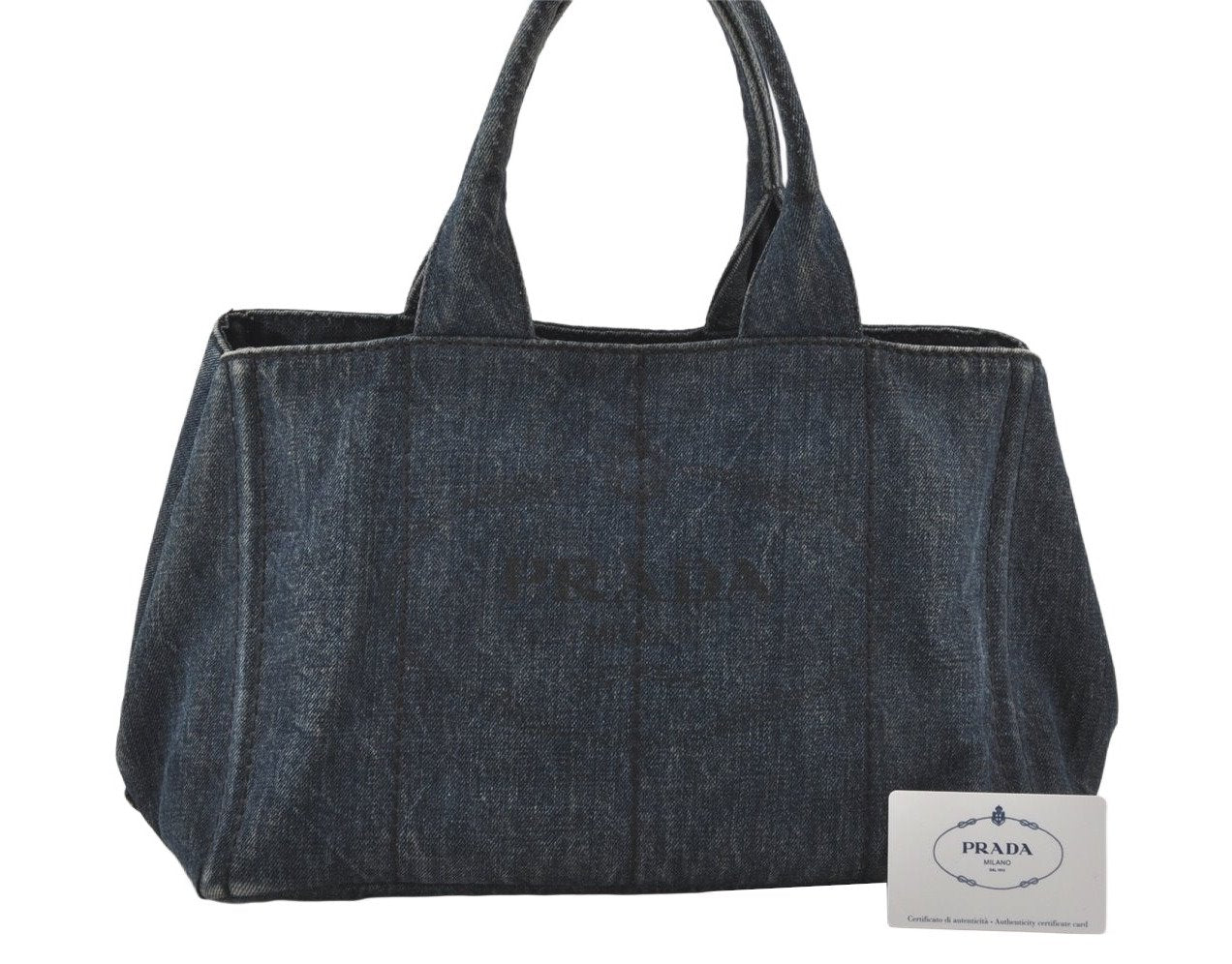 Authentic PRADA Vintage Canapa M DENIM Tote Hand Bag B1877B Blue 5633K