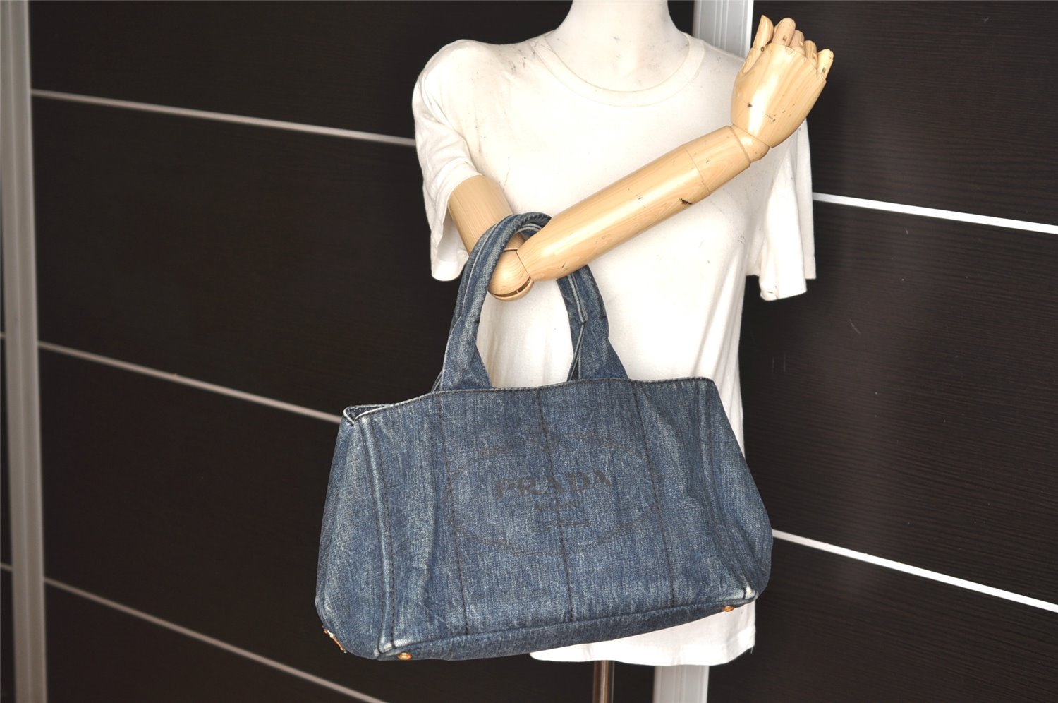 Authentic PRADA Vintage Canapa M DENIM Tote Hand Bag B1877B Blue 5633K