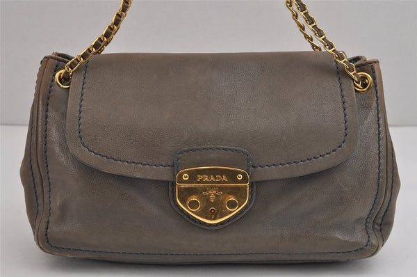 Authentic PRADA Vintage Leather Nappa Chain Shoulder Bag Purse Gray 5636J