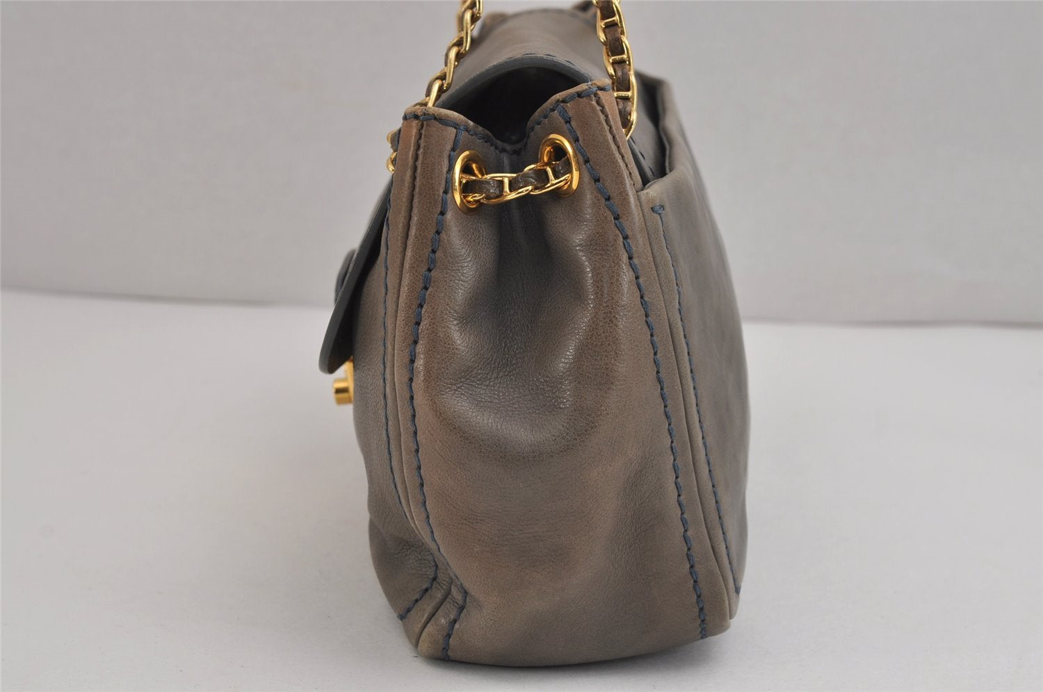 Authentic PRADA Vintage Leather Nappa Chain Shoulder Bag Purse Gray 5636J