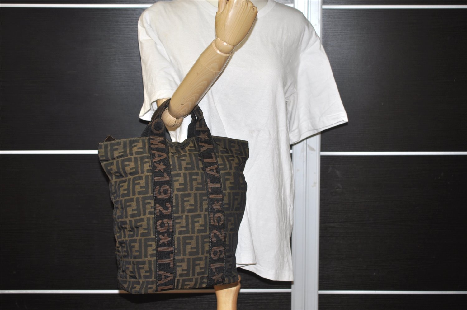 Authentic FENDI Zucca Vintage Tote Hand Bag Nylon Leather Brown Black 5638I