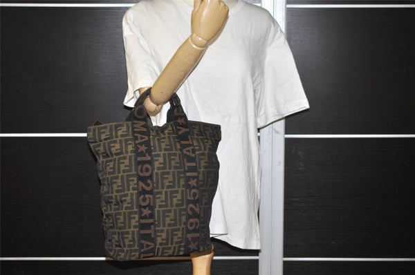 Authentic FENDI Zucca Vintage Tote Hand Bag Nylon Leather Brown Black 5638I