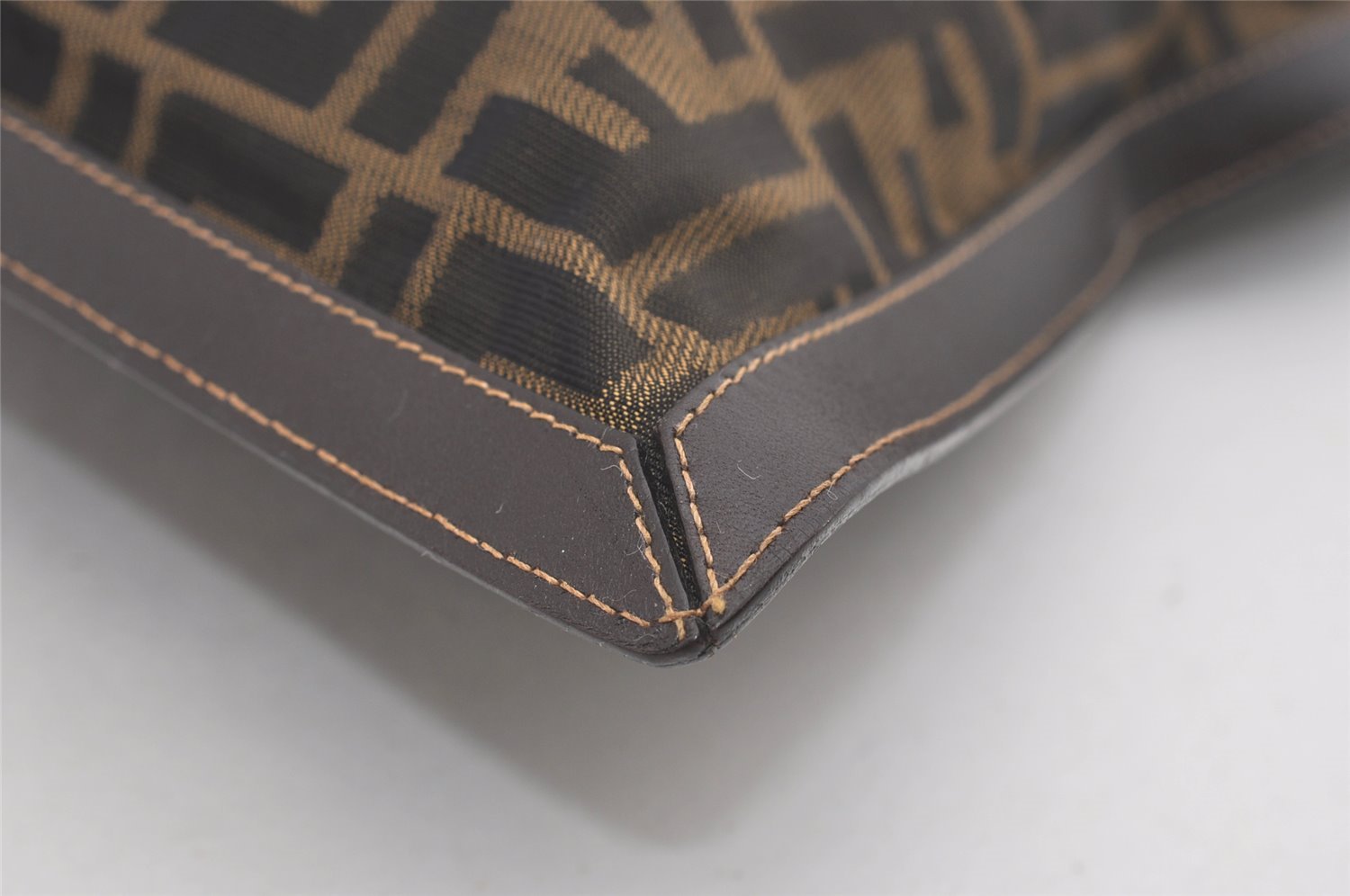 Authentic FENDI Zucca Clutch Hand Bag Purse Nylon Leather Brown Black 5639I